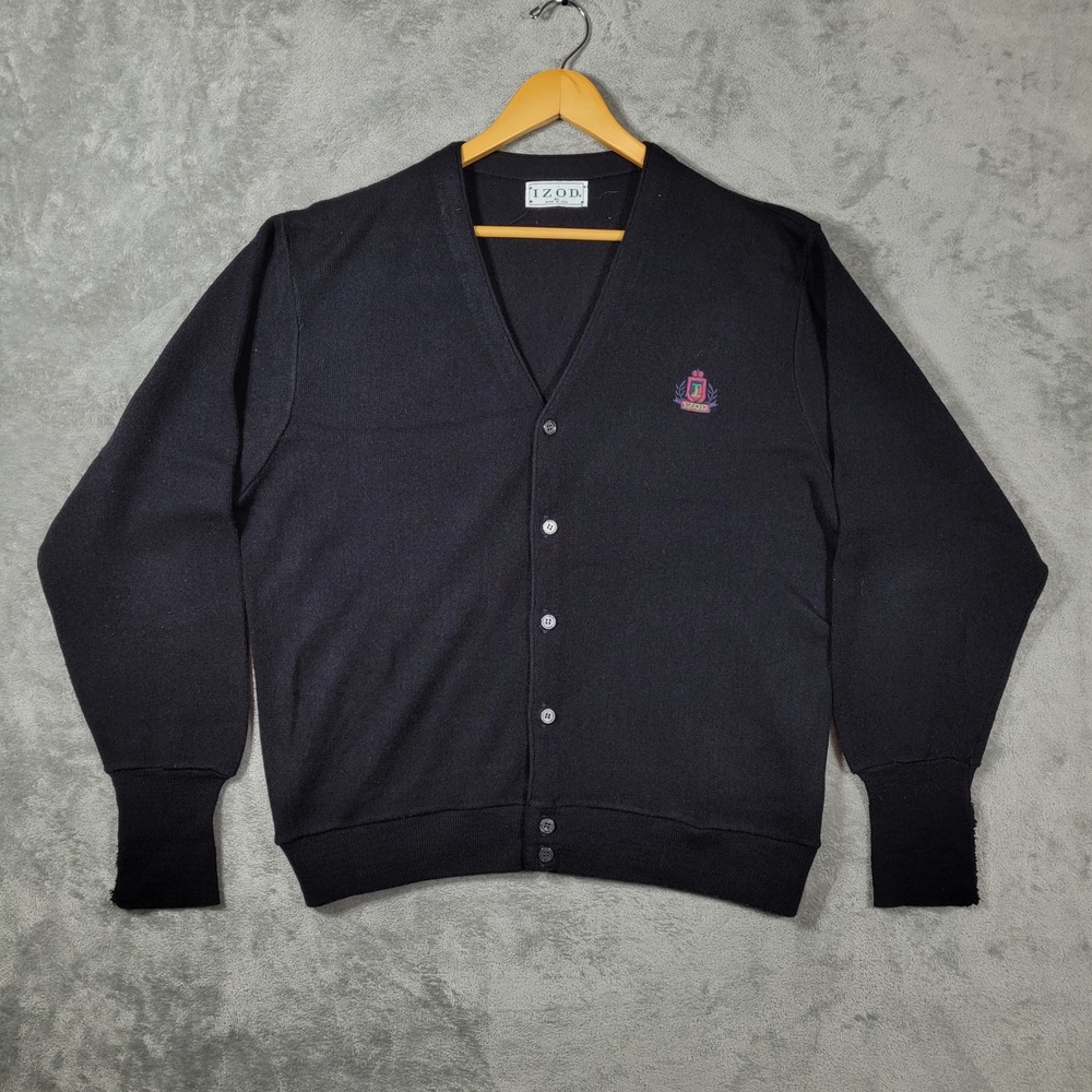Vintage Izod Cardigan Sweater XL Black Button Up Crest Acrylic Preppy Grandpa